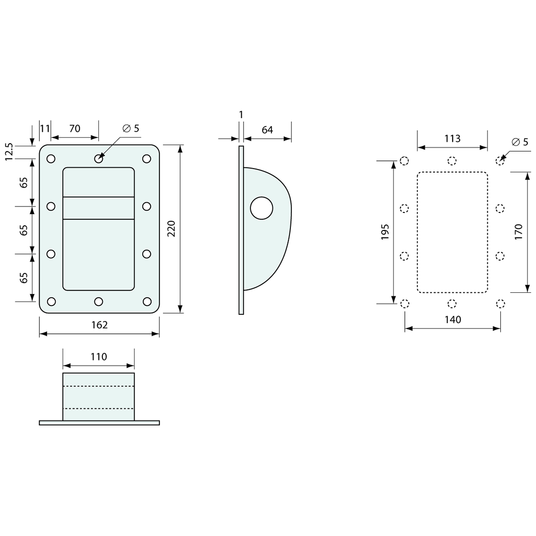 Flush Recessed Grab Handle Powdercoated Steel 220mm